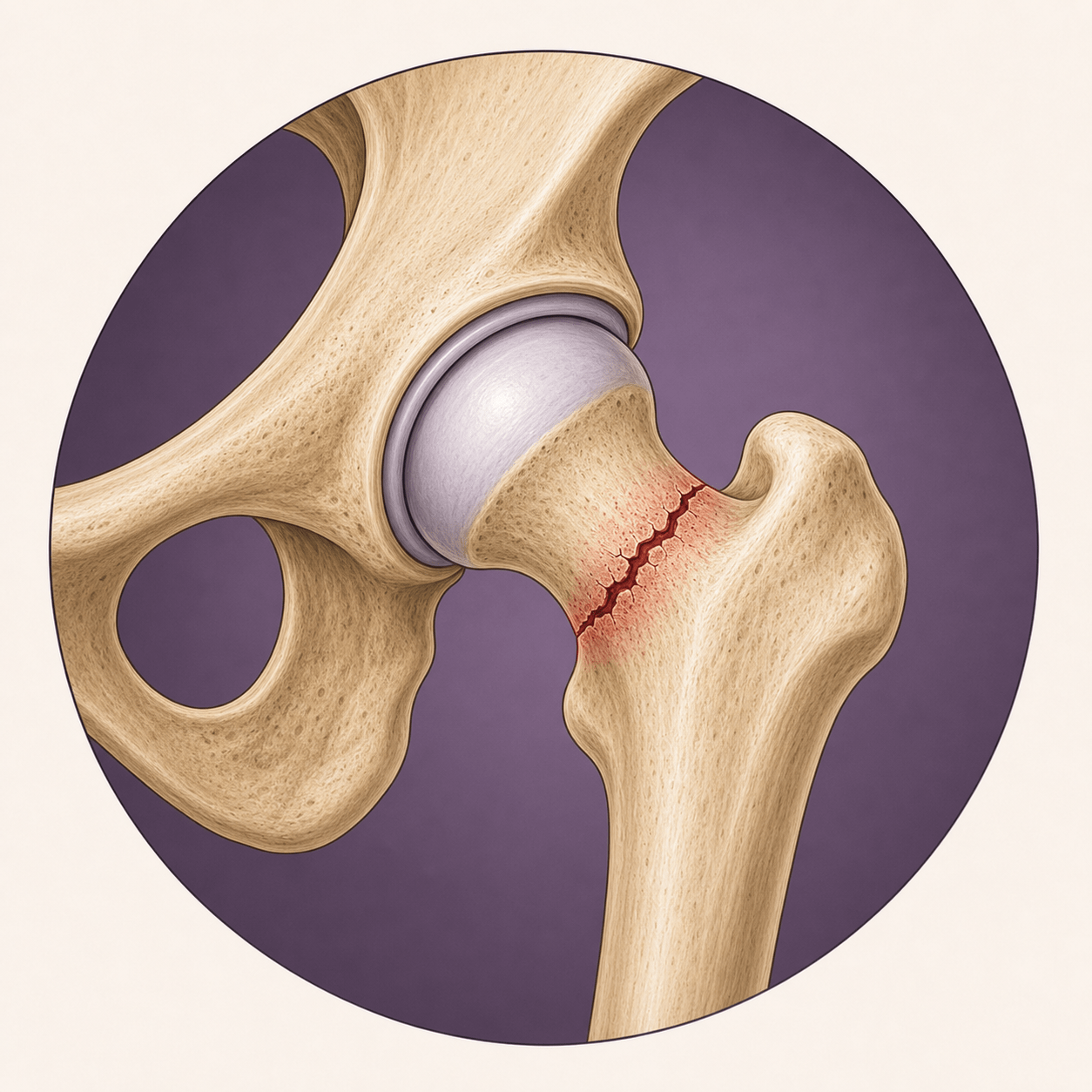 Medical illustration of a femoral neck hip fracture