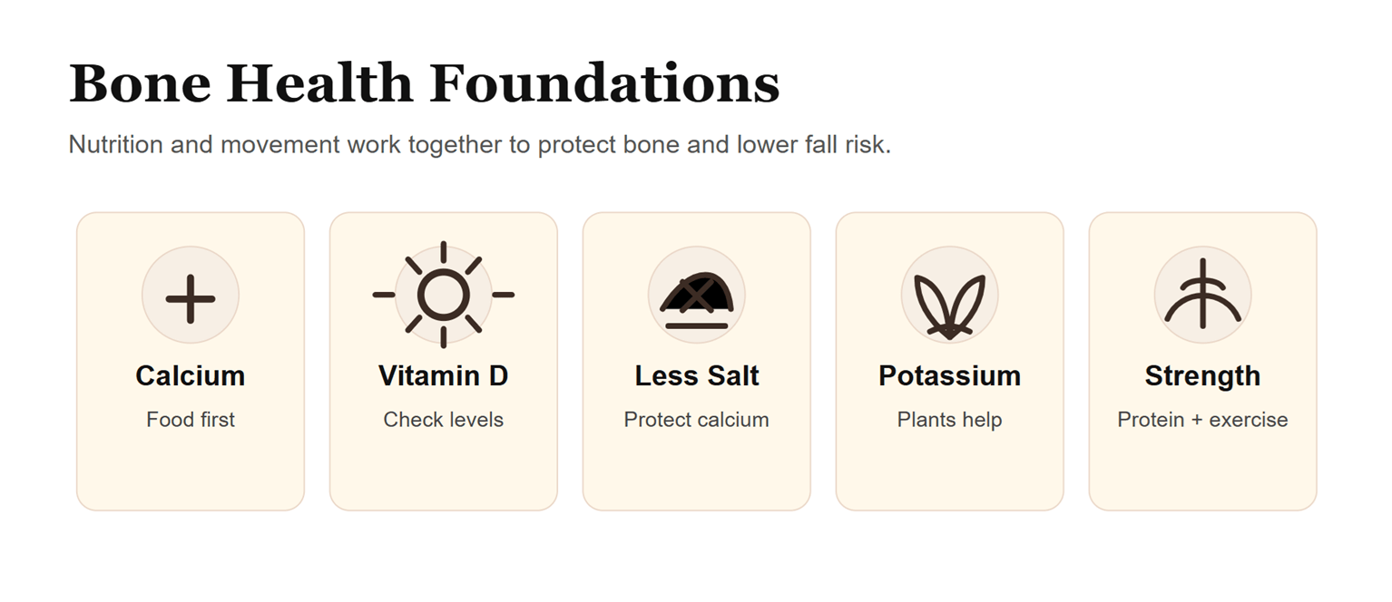 Illustration showing five bone health foundations: calcium, vitamin D, less salt, potassium-rich foods, and strength