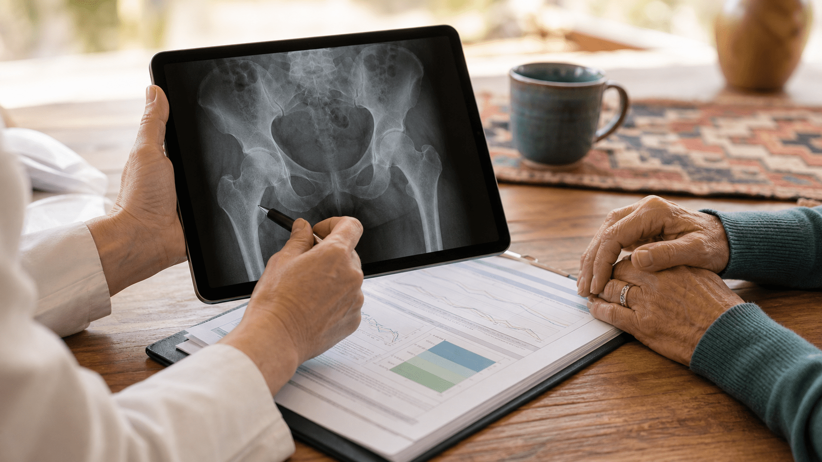 Clinician and patient reviewing a hip radiograph and bone density report