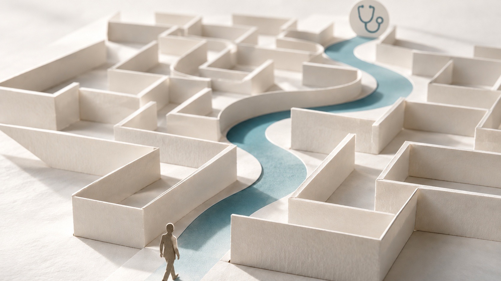 A winding path through a healthcare maze leading toward a stethoscope symbol