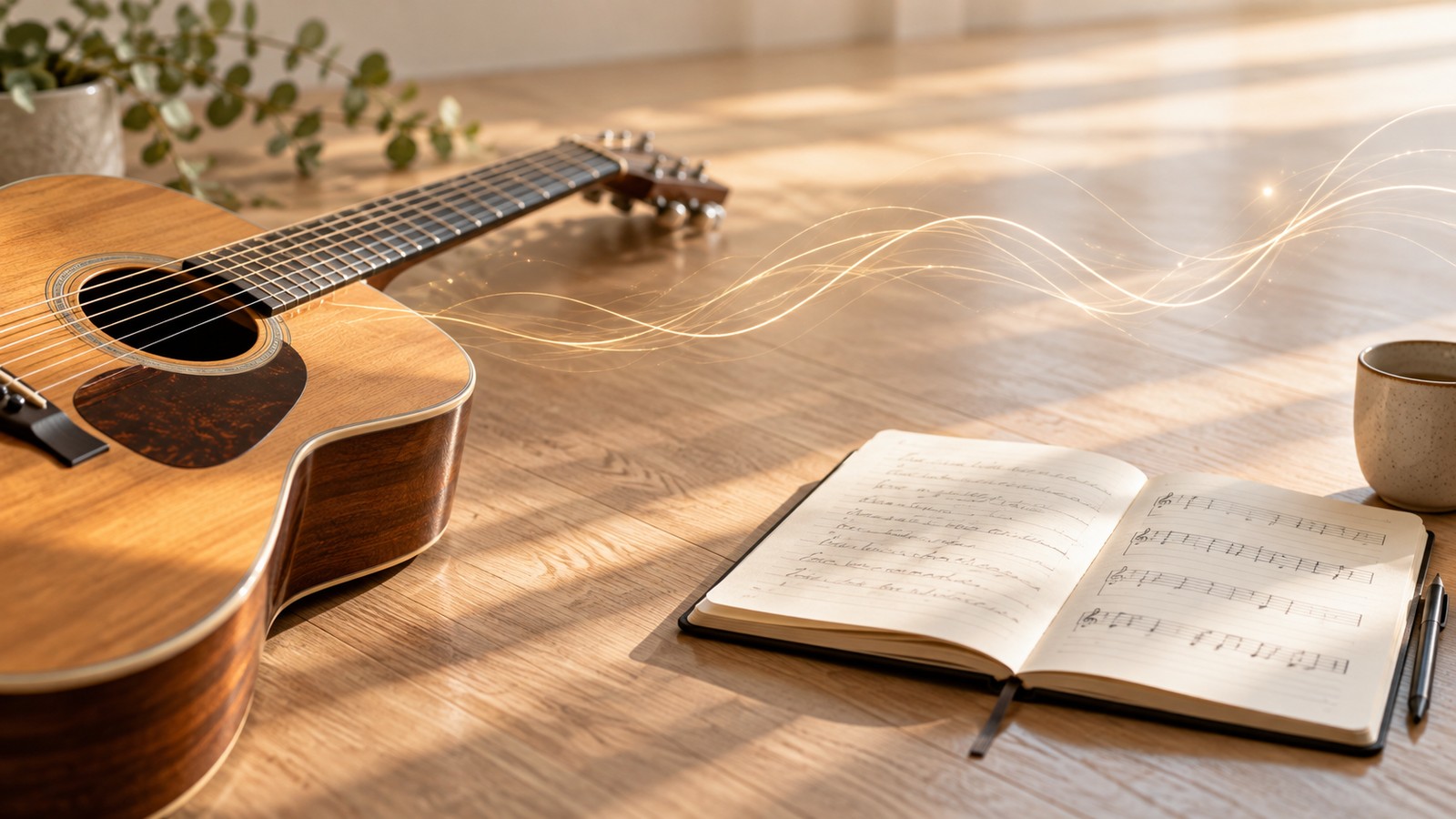 Acoustic guitar and open songwriting notebook in soft morning light