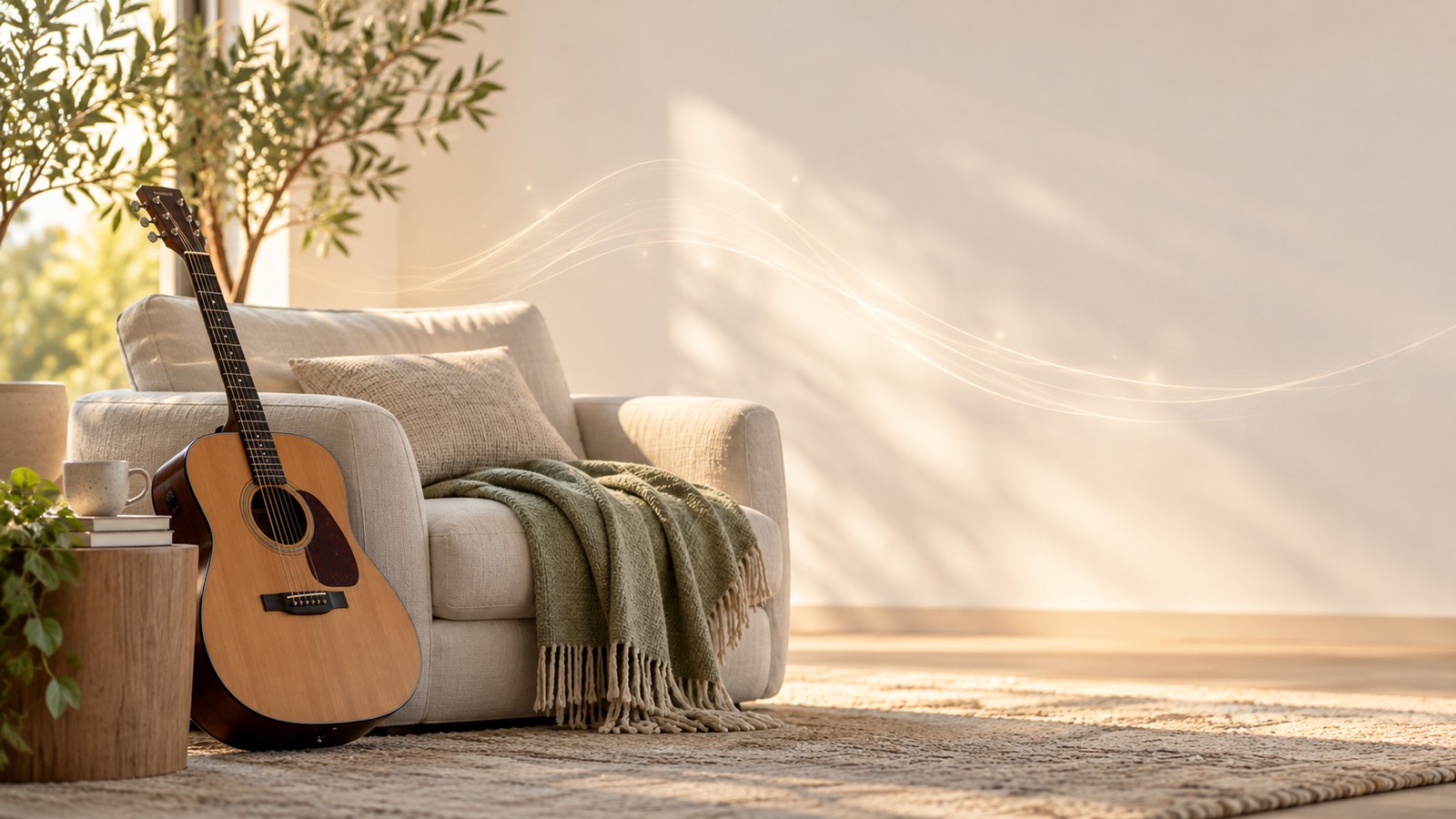 Quiet chair and acoustic guitar in soft natural light