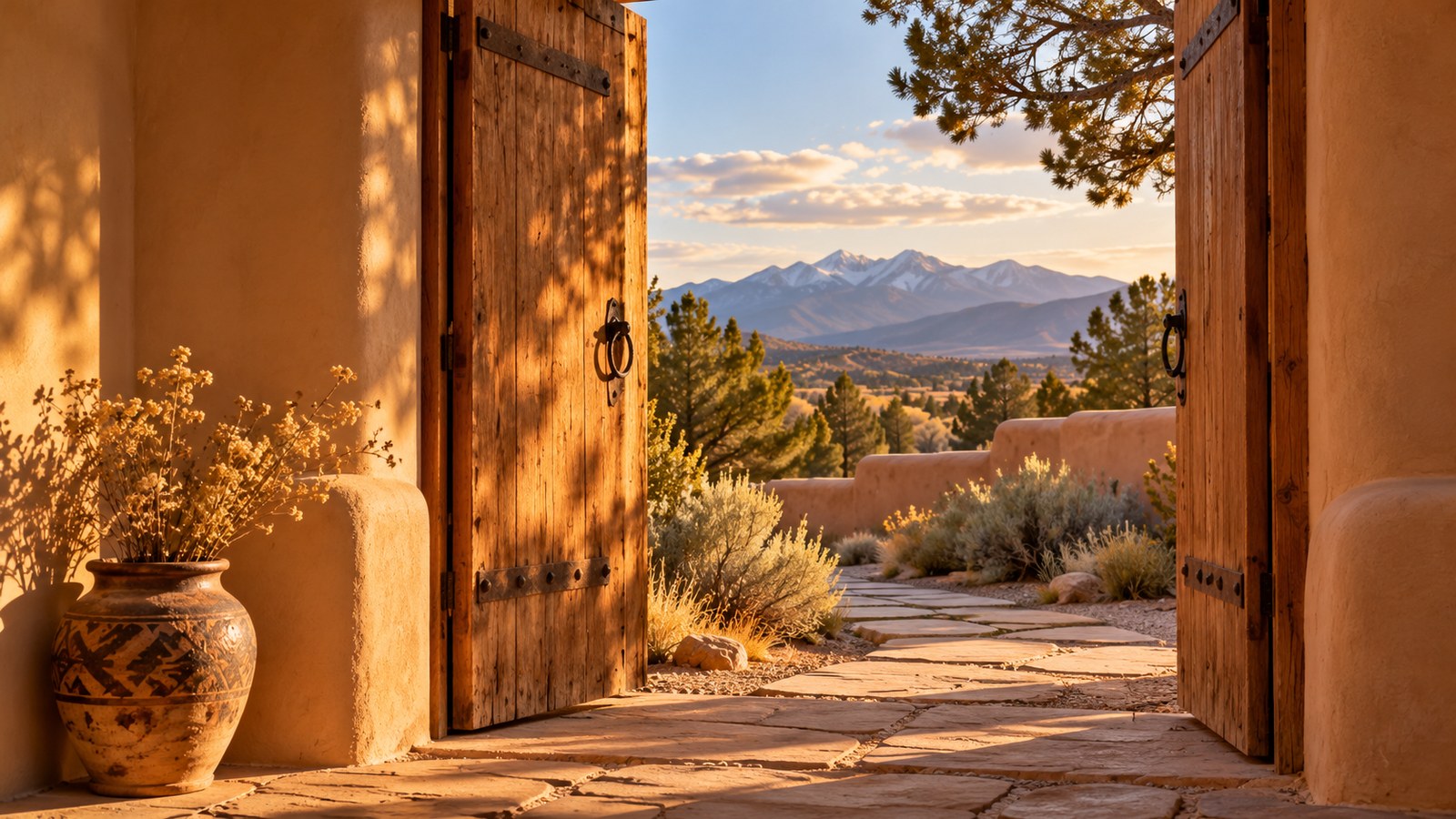 Open adobe doorway leading to a quiet high-desert path with mountains beyond