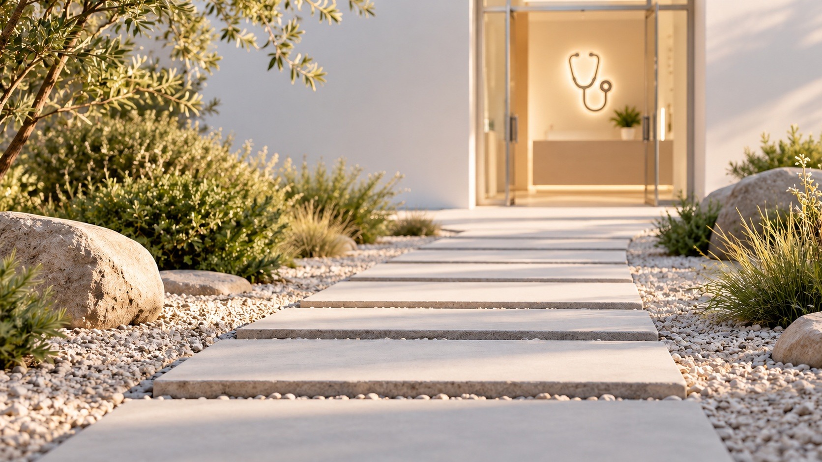 A welcoming path leading toward a clinic entrance marked with a stethoscope symbol