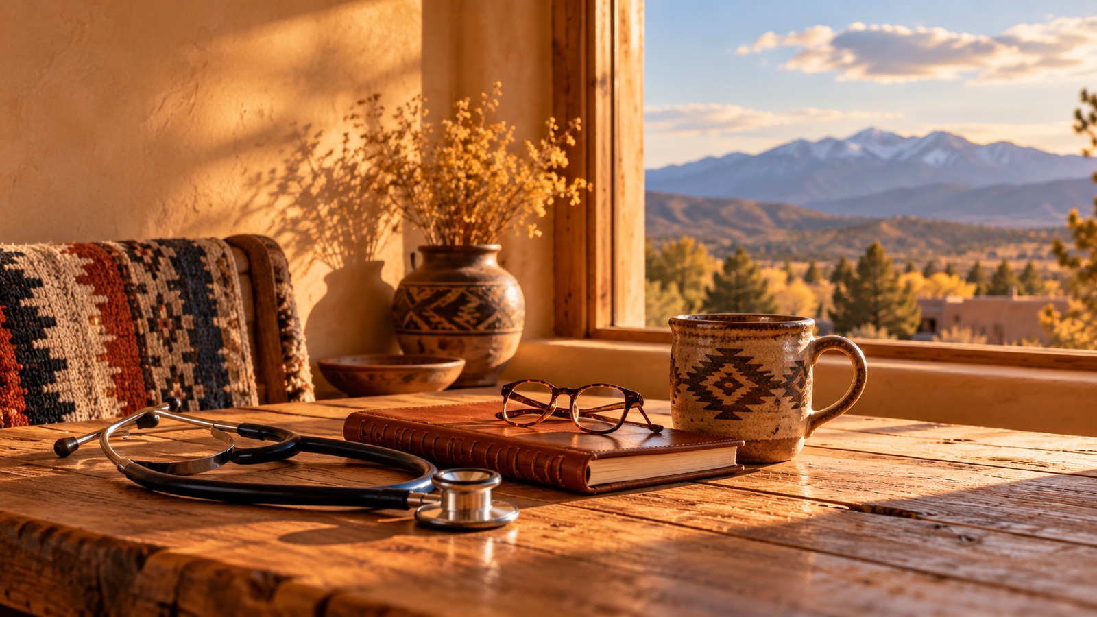 A quiet sunlit journal, glasses, and mug beside a mountain window in warm natural light
