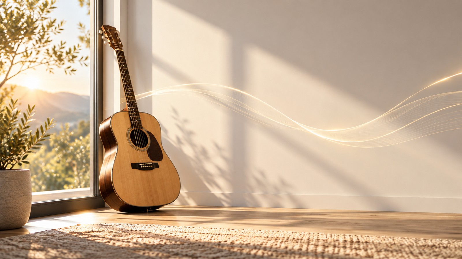 Acoustic guitar beside a sunlit window in a quiet room