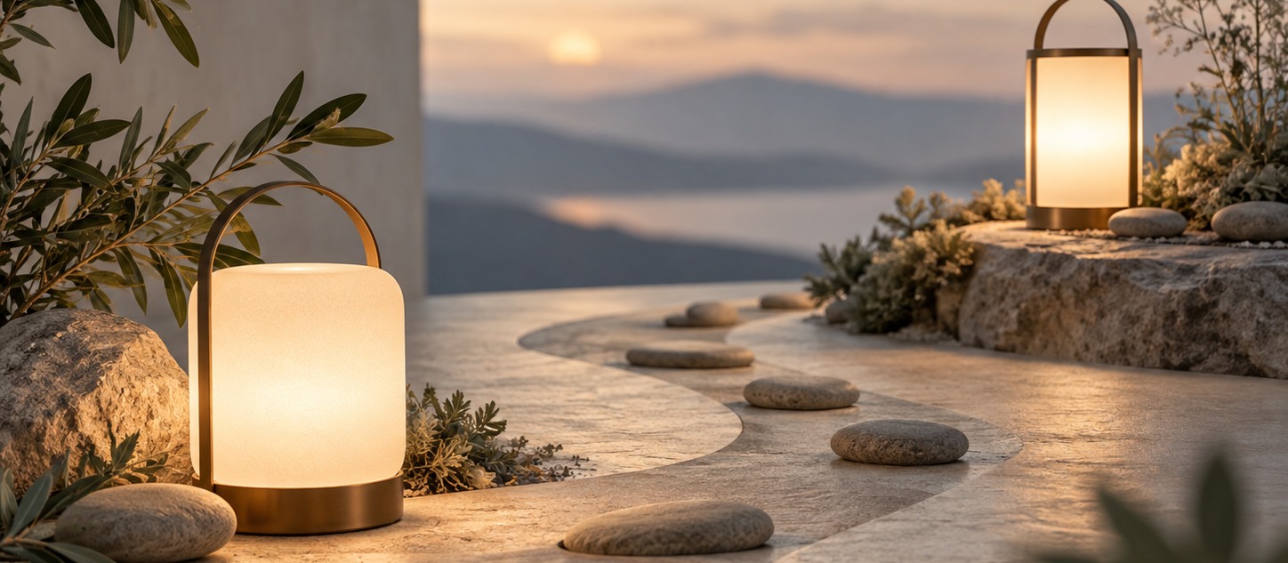 Two softly glowing lanterns along a quiet path at dusk
