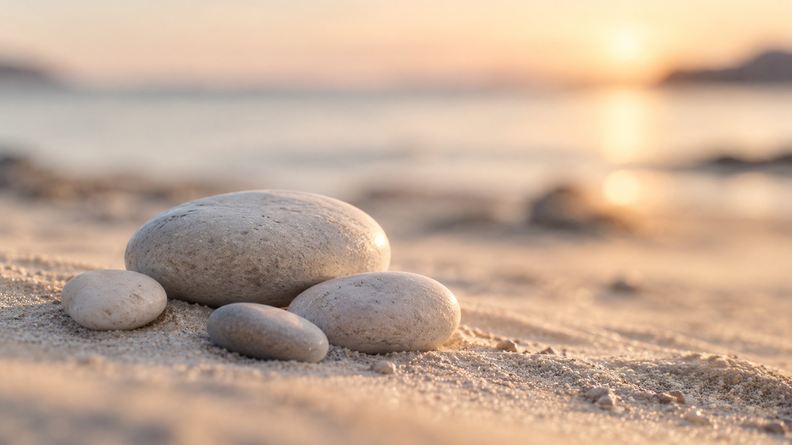 Smooth pebbles resting on beach sand in soft sunset light