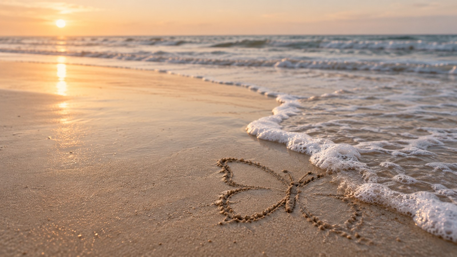 A butterfly shape traced in wet sand near the shoreline at golden hour