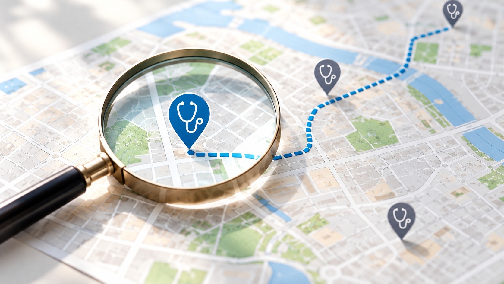 Magnifying glass over a city map with stethoscope markers for primary care options