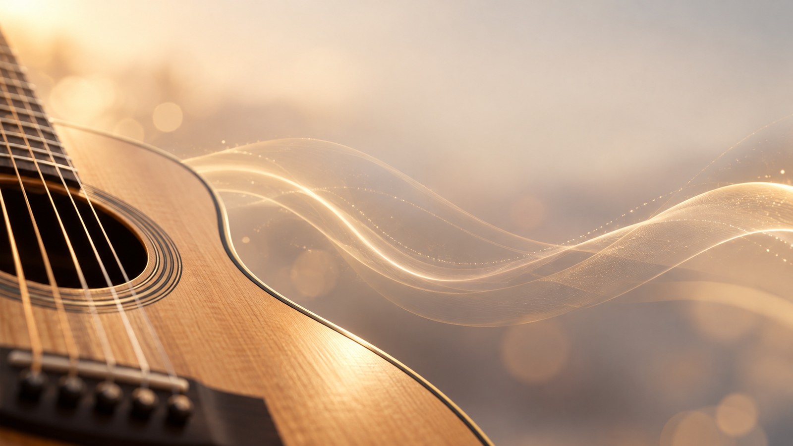 Close-up of an acoustic guitar with soft flowing light suggesting music